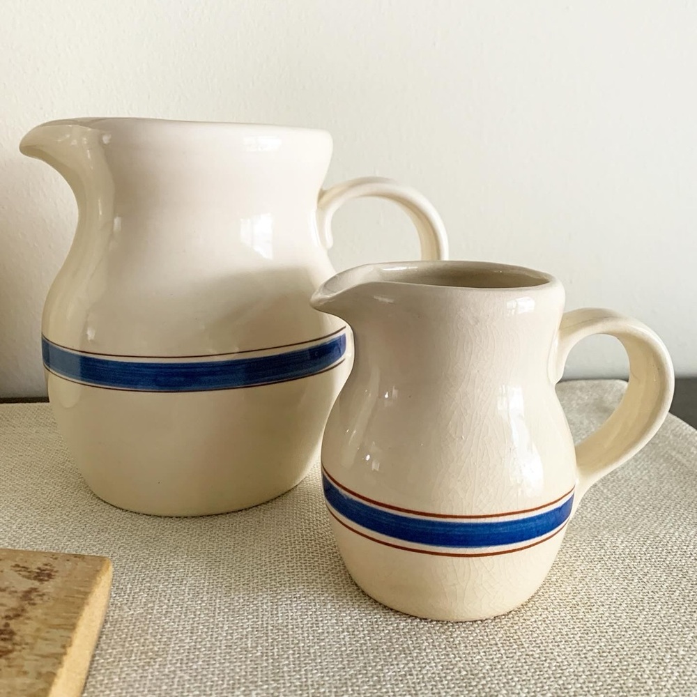 Heavy Ceramic Lillian Vernon Cream Pitchers with Blue and Reddish Brown Stripes